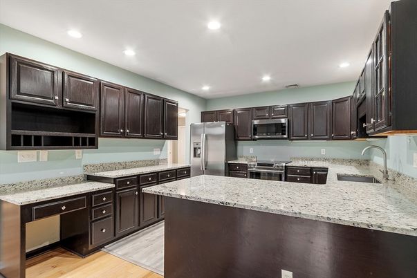 Interior, Kitchen, Recessed Lighting, Stainless Steel Appliances, Wood Texture Flooring