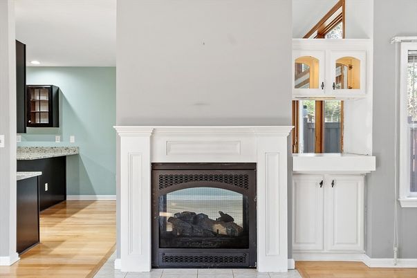 Fireplace, Interior, Recessed Lighting, Wood Texture Flooring