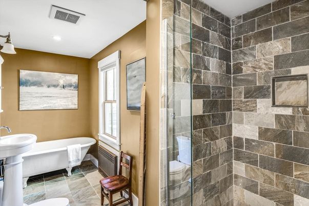 Bathroom, Free Standing Baths, Interior, Recessed Lighting, Stone Walls