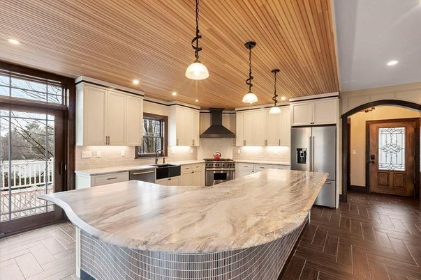Interior, Kitchen, Pendant Lights, Recessed Lighting, Stainless Steel Appliances, Wooden Ceilings, Wood Texture Flooring