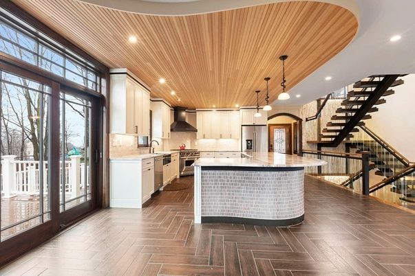 Fireplace, Interior, Kitchen, Pendant Lights, Recessed Lighting, Wood Texture Flooring
