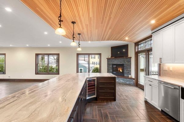 Interior, Kitchen, Pendant Lights, Recessed Lighting, Stainless Steel Appliances, Wooden Ceilings, Wood Texture Flooring