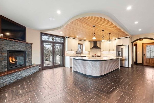 Interior, Kitchen, Pendant Lights, Recessed Lighting, Stainless Steel Appliances, Wooden Ceilings, Wood Texture Flooring