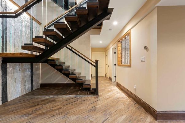 Bathroom, Glass Shower, Interior, Recessed Lighting, Wood Texture Flooring