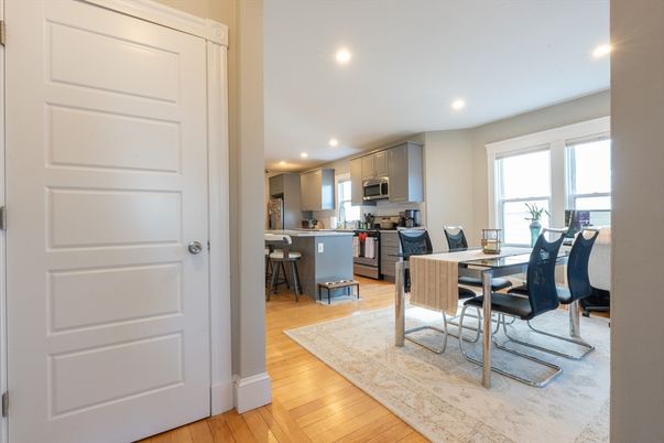 Dining room, Interior, Kitchen, Recessed Lighting, Stainless Steel Appliances, Wood Texture Flooring