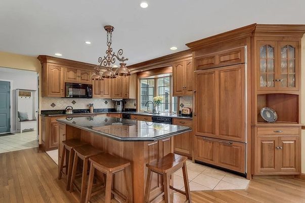 Chandelier, Interior, Kitchen, Recessed Lighting, Stainless Steel Appliances, Wood Texture Flooring