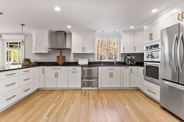 Interior, Kitchen, Pendant Lights, Recessed Lighting, Stainless Steel Appliances, Wood Texture Flooring