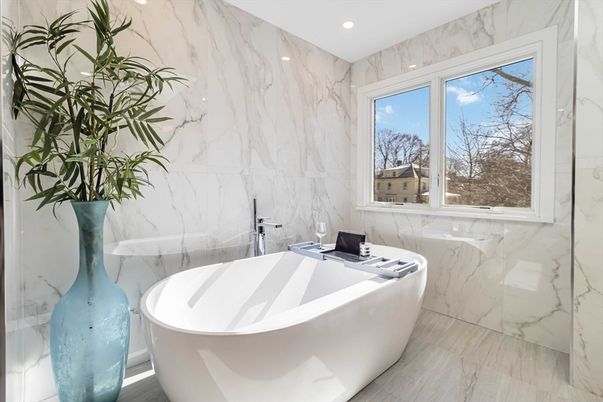 Bathroom, Free Standing Baths, Interior, Marble, Marble Walls, Recessed Lighting