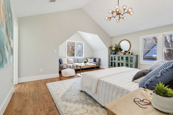 Bedroom, Interior, Pendant Lights, Recessed Lighting, Wood Texture Flooring