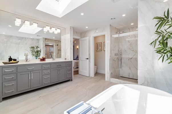 Bathroom, Dual Sink Vanities, Free Standing Baths, Glass Shower, Interior, Marble Walls, Recessed Lighting