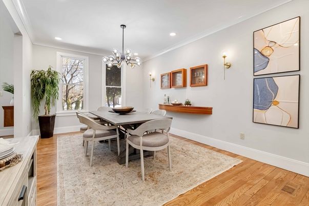 Dining room, Interior, Pendant Lights, Recessed Lighting, Wood Texture Flooring