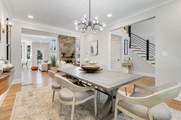 Dining room, Fireplace, Interior, Living room, Pendant Lights, Recessed Lighting, Stone Walls, Wood Texture Flooring