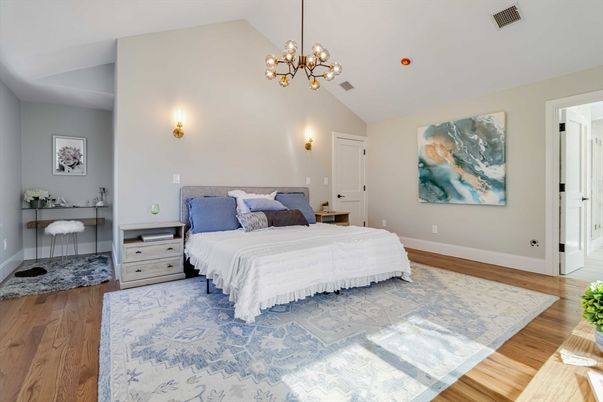 Bedroom, Interior, Pendant Lights, Wood Texture Flooring