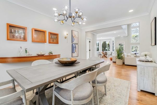 Dining room, Interior, Living room, Pendant Lights, Recessed Lighting, Wood Texture Flooring