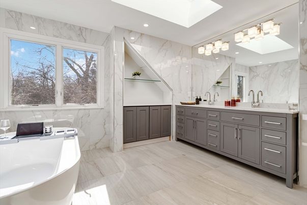 Bathroom, Dual Sink Vanities, Free Standing Baths, Interior, Marble, Marble Walls, Recessed Lighting