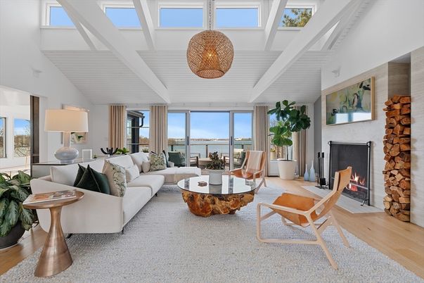 Fireplace, Interior, Living room, Pendant Lights, Water, Wood Texture Flooring