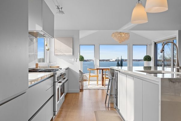 Interior, Kitchen, Stainless Steel Appliances, Water, Wood Texture Flooring