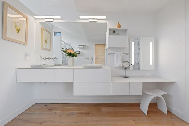 Bathroom, Dual Sink Vanities, Interior, Recessed Lighting, Wood Texture Flooring