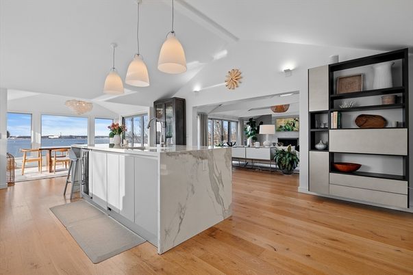 Dining room, Interior, Kitchen, Living room, Pendant Lights, Water, Wood Texture Flooring