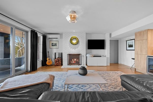 Fireplace, Interior, Living room, Stone Walls, Wood Texture Flooring