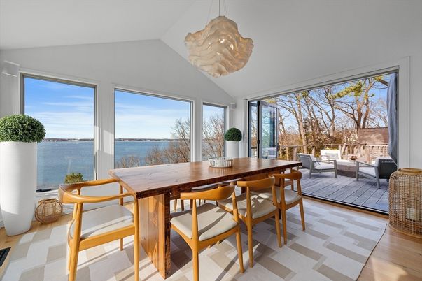 Dining room, Interior, Pendant Lights, Water, Wood Texture Flooring
