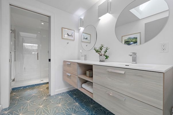 Bathroom, Dual Sink Vanities, Glass Shower, Interior, Pendant Lights