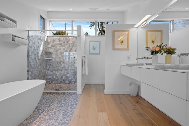 Bathroom, Free Standing Baths, Glass Shower, Interior, Recessed Lighting, Wood Texture Flooring