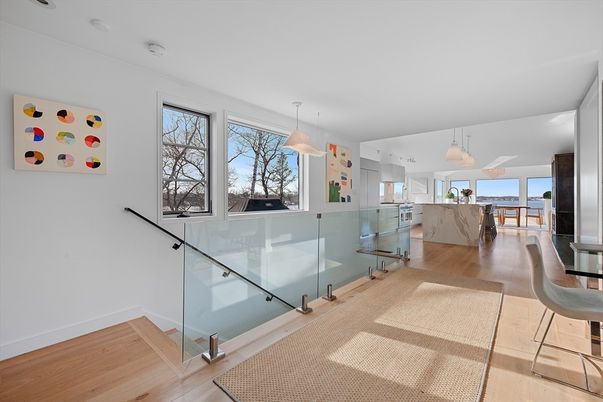 Interior, Kitchen, Marble Walls, Pendant Lights, Wood Texture Flooring
