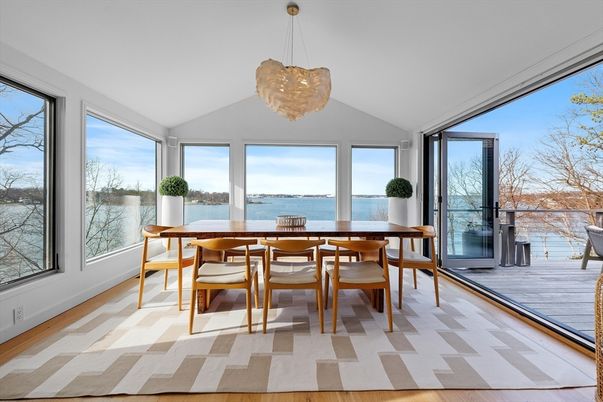 Dining room, Interior, Pendant Lights, Water, Wood Texture Flooring