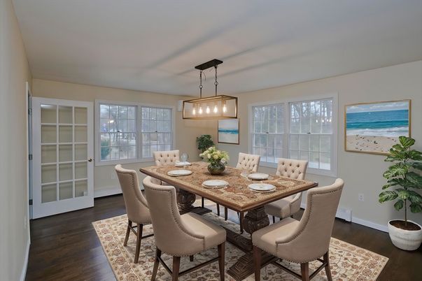 Dining room, Interior, Pendant Lights, Wood Texture Flooring