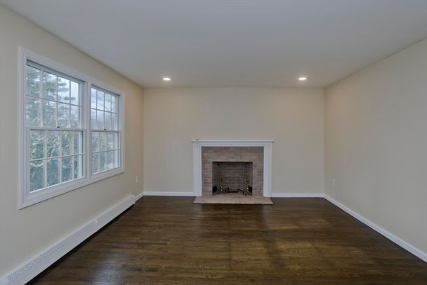 Empty room, Fireplace, Interior, Recessed Lighting, Wood Texture Flooring