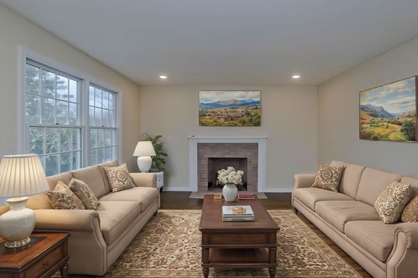 Fireplace, Interior, Living room, Recessed Lighting, Wood Texture Flooring