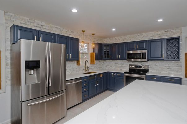 Interior, Kitchen, Pendant Lights, Recessed Lighting, Stainless Steel Appliances, Stone Walls