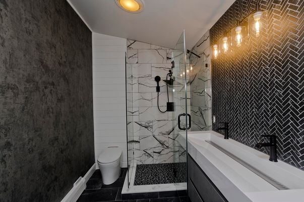 Bathroom, Glass Shower, Interior, Marble Walls, Recessed Lighting