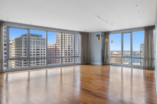 Empty room, Interior, Pendant Lights, Recessed Lighting, Wood Texture Flooring