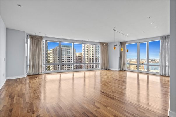 Empty room, Interior, Pendant Lights, Recessed Lighting, Wood Texture Flooring