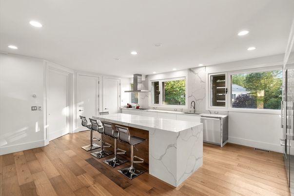 Interior, Kitchen, Marble Walls, Recessed Lighting, Wood Texture Flooring