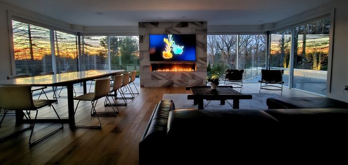 Dining room, Fireplace, Interior, Living room, Recessed Lighting, Wood Texture Flooring