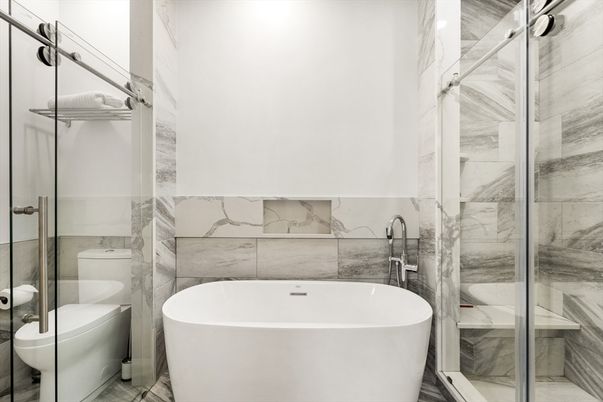 Bathroom, Free Standing Baths, Glass Shower, Interior, Marble Walls