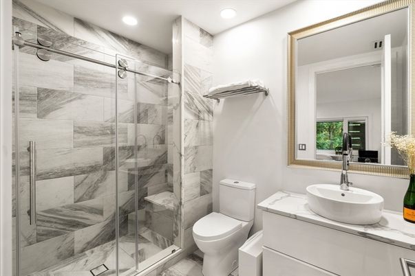 Bathroom, Glass Shower, Interior, Marble Walls, Recessed Lighting