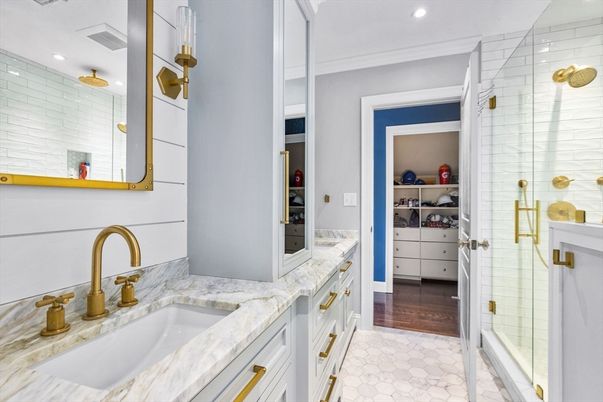 Bathroom, Dual Sink Vanities, Glass Shower, Interior, Recessed Lighting, Wood Texture Flooring