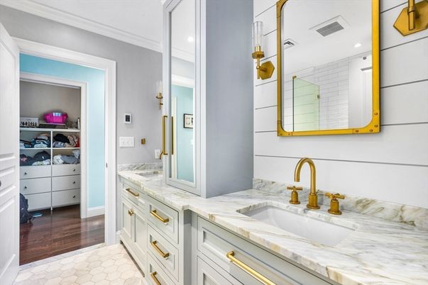 Bathroom, Dual Sink Vanities, Interior, Recessed Lighting, Wood Texture Flooring