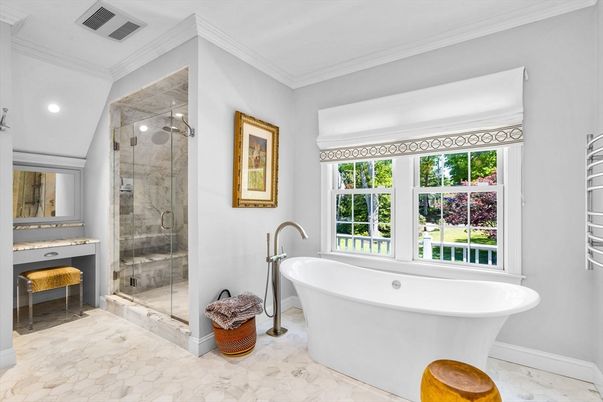 Bathroom, Free Standing Baths, Glass Shower, Interior, Marble, Recessed Lighting