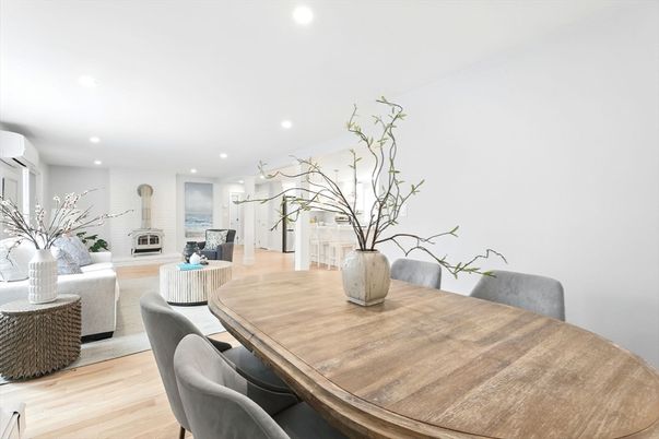 Dining room, Fireplace, Interior, Living room, Recessed Lighting, Wood Texture Flooring