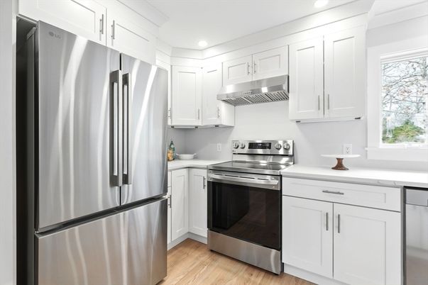 Interior, Kitchen, Recessed Lighting, Stainless Steel Appliances, Wood Texture Flooring