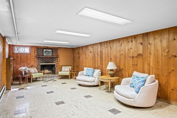 Fireplace, Interior, Living room, Recessed Lighting, Wooden Walls