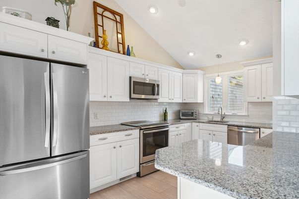Interior, Kitchen, Pendant Lights, Recessed Lighting, Stainless Steel Appliances, Wood Texture Flooring