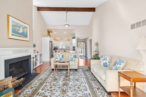 Fireplace, Interior, Kitchen, Living room, Recessed Lighting, Stainless Steel Appliances, Wooden Beams, Wood Texture Flooring