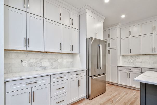 Interior, Kitchen, Marble Walls, Recessed Lighting, Wood Texture Flooring