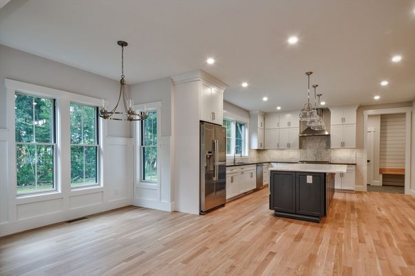 Chandelier, Interior, Kitchen, Pendant Lights, Recessed Lighting, Stainless Steel Appliances, Wood Texture Flooring